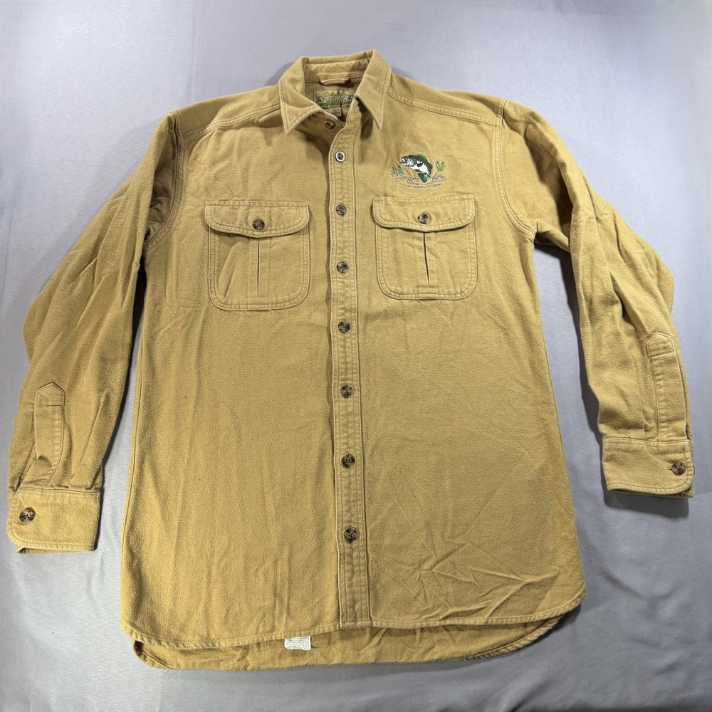 Cabelas Mens Medium Tall Tan Chamois Flannel Shirt Heavyweight Bass Fishing Fish